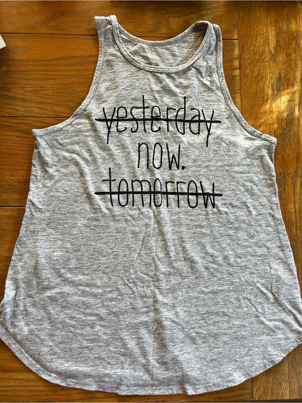 Reebok Light Gray Graphic Racerback Tank - Black Text